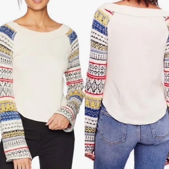 Free People Sweater - aztec colorful sleeve waffle knit cream long sleeve top xs - Picture 2 of 10